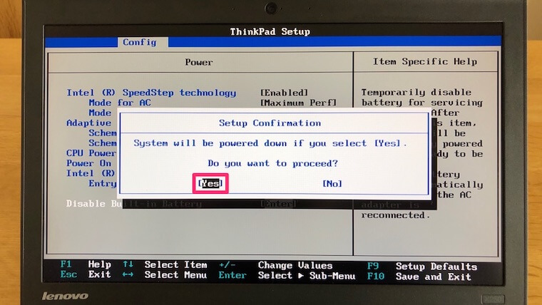 ThinkPad X250：BIOS（内蔵バッテリーオフ）