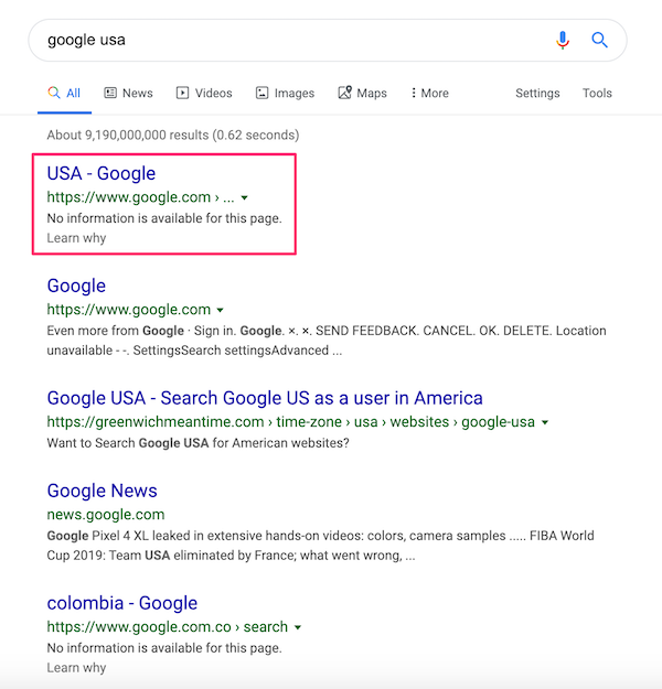 Googleアメリカサイトの検索結果