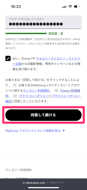 入力が終わったら「同意して続ける」をタップする