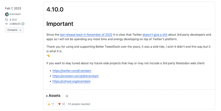 BetterTweetDeckの開発停止のアナウンス