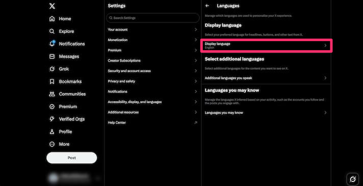 「Display languages」をクリック